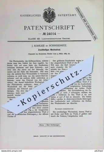 original Patent - J. Kohlke , Schweidnitz | 1883 | Zweiteiliges Wechselrad an Drillmaschine | Landwirtschaft , Saat !!
