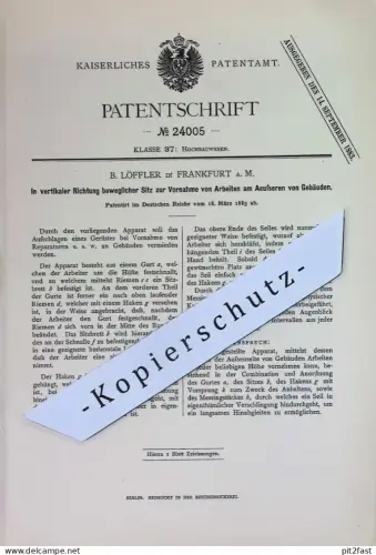 original Patent - B. Löffler , Frankfurt / Main | 1883 | Sitz für Bauarbeiten am Gebäude-Äußeren | Hochbau , Gerüst !