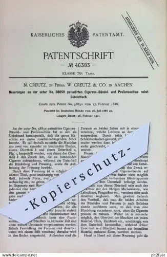 original Patent - N. Creutz in Fa. W. Creutz & Co. , Aachen | 1888 | Zigarren- Bündel- u. Pressmaschine | Zigarrenpresse