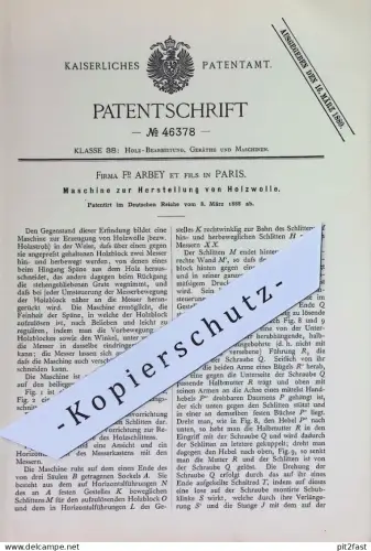original Patent - Firma Fd Arbey et fils , Paris , Frankreich | 1888 | Herstellung von Holzwolle | Holz - Wolle | Stroh