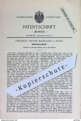 original Patent - Frédéric Victor Maquaire , Paris , Frankreich | 1888 | Bogenlampenregulator | Bogenlampen - Regulator