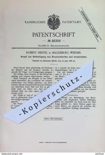 original Patent - Robert Hertel , Magdeburg / Werder | 1888 | Knopf zur Befestigung von Brustschleifen | Knöpfe , Mode