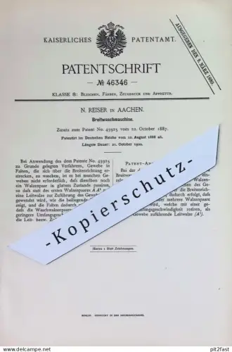 original Patent - N. Reiser , Aachen | 1888 | Breitwaschmaschine | Waschmaschine | Wäsche waschen | Wäscherei !!