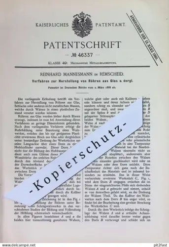 original Patent - Reinhard Mannesmann , Remscheid | 1888 | Herstellung von Röhren aus Glas | Glasrohr , Rohr , Metall