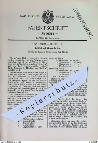 original Patent - Leo Lewin , Halle / Saale | 1888 | Zahltisch mit Münzensortierer | Münzen , Zählwerk , Kasse , Geld !