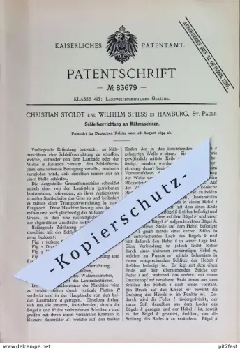 original Patent - Christian Stoldt , Wilhelm Spiess , Hamburg / St. Pauli | 1894 | Schleifvorrichtung an Mähmaschinen !