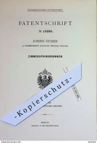 original Patent - Joseph Storer , Hammersmith , Middlesex England | 1880 | Zimmerspringbrunnen | Springbrunnen | Brunnen