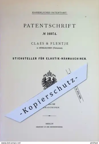 original Patent - Claes & Flentje , Mühlhausen | 1879 | Stichsteller f. Elastik - Nähmaschinen | Nähmaschine , Schneider