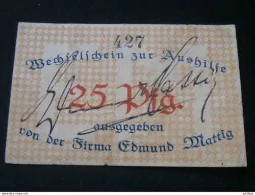Edmund Mattig in Dömitz 1918 - Wechselschein ,25 Pfennig , Wechsel , Mecklenburg