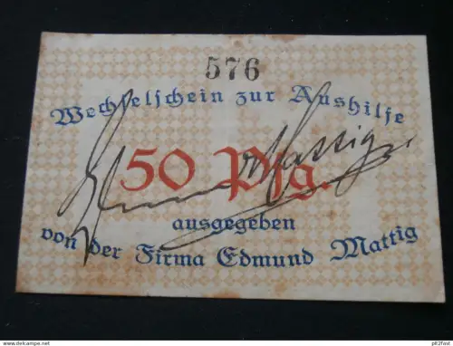 Edmund Mattig in Dömitz 1918 - Wechselschein ,50 Pfennig , Wechsel , Mecklenburg !!
