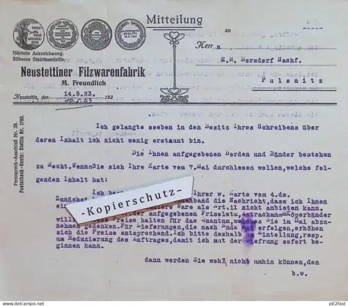 Filzwarenfabrik Neustettin i. Pommern , 1923 , M. Freundlich , nach Bersdorf in  Pulsnitz , Dokument !!
