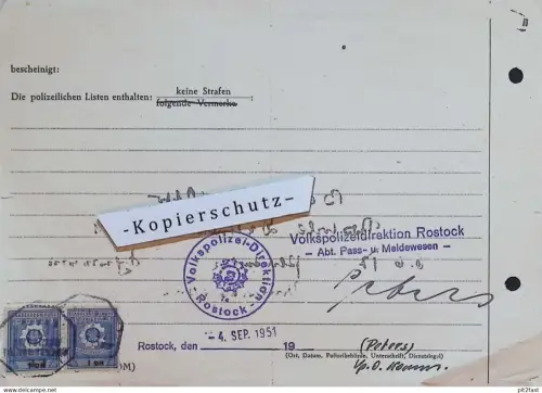 polizeiliches Führungszeugnis , Otto Beuchel in Plate b. Schwerin , 1951! , Polizei Rostock , Volkspolizei , Marken !!