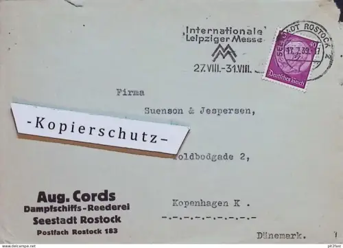 Dampfschiff-Reederei August Cords in Rostock i. Mecklenburg , 1939 , Suenson & Jespersen , Ganzsache , Reklame !!!