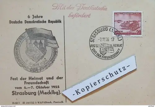 Fest der Heimat in Strasburg , 1955 , Mecklenburg , mit Postkutsche befördert , 6 Jahre DDR , Ganzsache , Reklame !!!