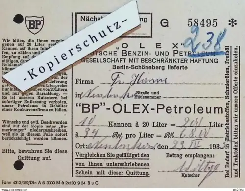Tankstelle - BP OLEX-Petroleum in Neubukow i. Mecklenburg , 1935 , Reklame / Werbung , Rechnung / Dokument !!!