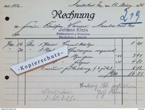 Wagenbau - Johann Klein in Neubukow i. Mecklenburg , 1935 , Reklame / Werbung , Rechnung / Dokument !!!