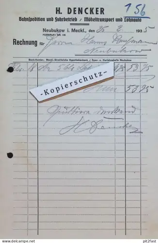 Bahnspedition - H. Dencker in Neubukow i. Mecklenburg , 1935 , Reklame / Werbung , Rechnung / Dokument !!!