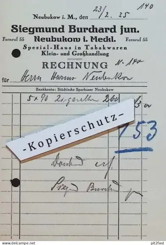Tabakwaren - Siegmund Burchard in Neubukow i. Mecklenburg , 1935 , Reklame / Werbung , Rechnung / Dokument !!!