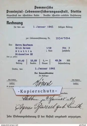 Kaufmann Erich Salmon in Stettin i. Pommern , 1941 , Versicherung , A. Baresel , altes Dokument !!!