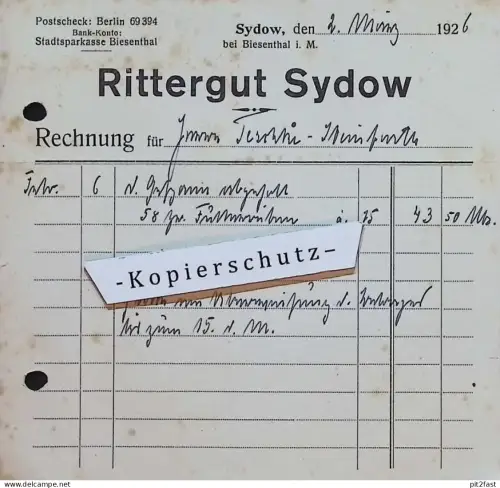Rittergut Sydow b. Biesenthal , 1926 , altes Dokument / Rechnung !!!