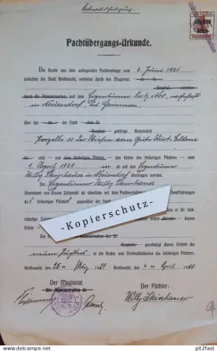 Pacht-Urkunde , Greifswald i. Mecklenburg , 1929 , Fritz Abs in Neuendorf b. Grimmen , Willy Steinhauer !!!