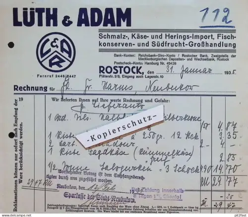 Käse-Import Lüth & Adam in Rostock i. Mecklenburg , 1935 , altes Dokument / Rechnung !!!