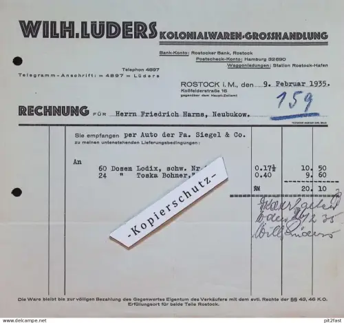 Kolonialwaren - Wilhelm Lüders in Rostock i. Mecklenburg , 1935 , altes Dokument / Rechnung !!!