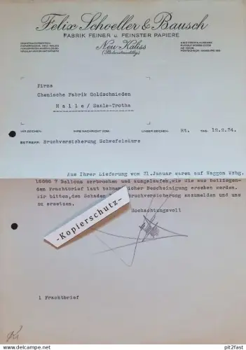 Papierfabrik - Felix Schoeller & Bausch in Neu Kaliss i. Mecklenburg , 1934 , altes Dokument / Rechnung !!!