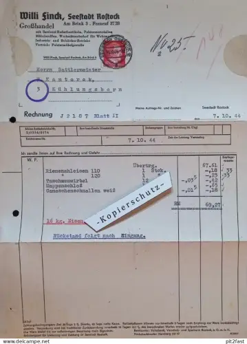 Großhandel - Willi Finck in Rostock i. Mecklenburg , 1944 , altes Dokument / Rechnung !!!