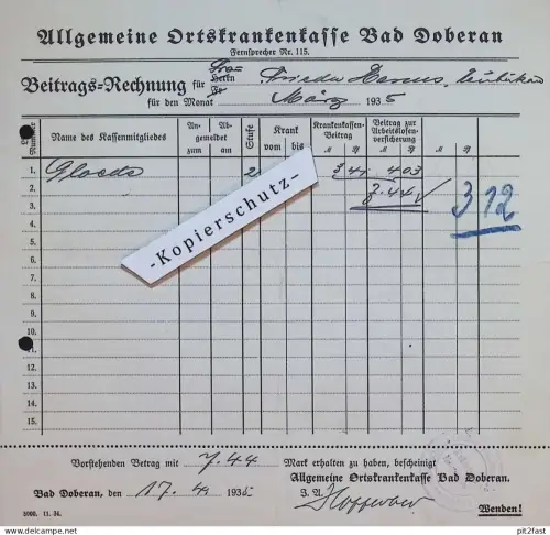 Orts-Krankenkasse Bad Doberan i. Mecklenburg , 1935 , altes Dokument / Rechnung !!!