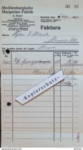 Margarine-Fabrik , 1932 , A. Hoyer in Rostock i. Mecklenburg , altes Dokument / Rechnung !!!