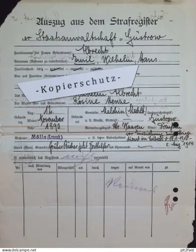 Strafregister , Mölln b. Lauenburg , 1920 , Staatsanwalt Güstrow ,W. Albrecht und R. Menze in Malchin i. Mecklenburg !!!