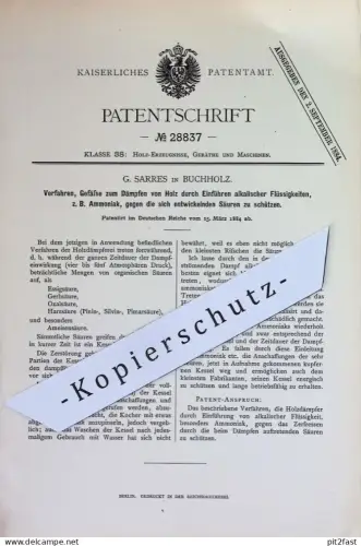 original Patent - G. Sarres , Buchholz | 1884 | Schutz vor Säure - Entwicklung am Gefäß zum Dämpfen von Holz !!
