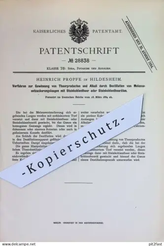 original Patent - Heinrich Propfe , Hildesheim | 1884 | Gewinnung von Teerprodukten und Alkali | Teer , Steinkohle , Öle