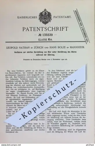 original Patent - Leopold Nathan , Zürich | Hans Bolze , Mannheim | 1900 | sterile Herstellung von Bier | Gährung