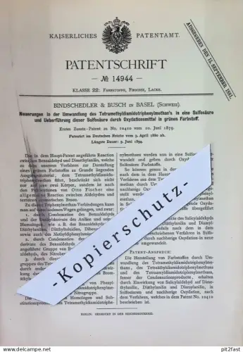 original Patent - Bindschedler & Busch , Basel Schweiz | 1880 | Sulfosäure , Oxydationsmittel , grüner Farbstoff | Farbe