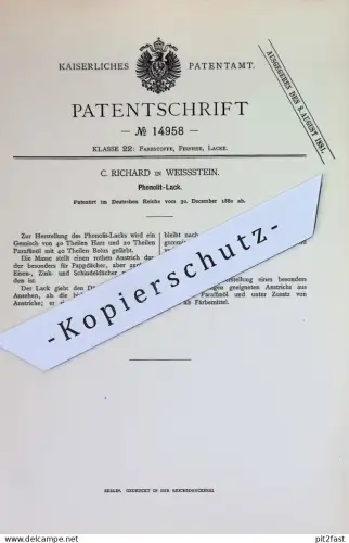 original Patent - C. Richard , Weissstein | 1880 | Phonolit Lack | Lacke , Farbe , Farben , Harz , Öl , Paraffin | Dach