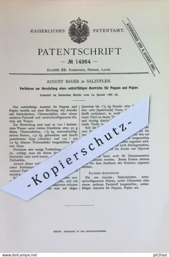 original Patent - August Bauer , Salzuflen | 1881 | satinierfähiger Anstrich für Pappe & Papier | Farbe , Farben , Maler