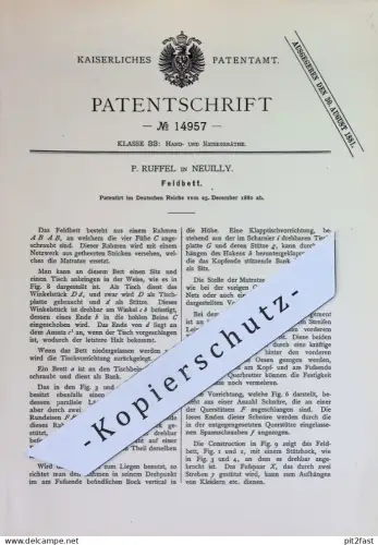 original Patent - P. Ruffel , Neuilly , Frankreich | 1880 | Feldbett | Bett , Betten | Matratze , Reisebett , Liege !!