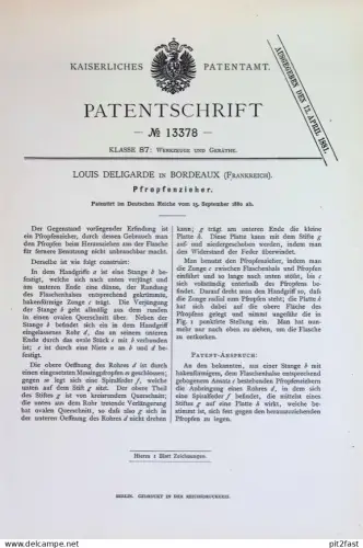 original Patent - Louis Deligarde , Bordeaux , Frankreich | 1880 | Pfropfenzieher | Flaschenöffner , Korkenzieher | Wein