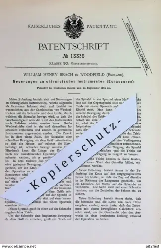 original Patent - William Henry Beach , Woodfield , England | 1880 | Ecraseur | Chirurgie , Chirurg , Arzt , Medizin !!