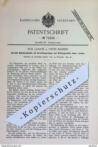 original Patent - Hub. Lahaye , Unterbarmen | 1892 | Gewellte Metalldachplatte | Metall Blech Dach Platten | Dachdecker