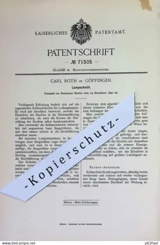 original Patent - Carl Roth , Göppingen | 1892 | Lampendocht | Lampen Docht | Brenner , Laterne , Beleuchtung , Öllampe