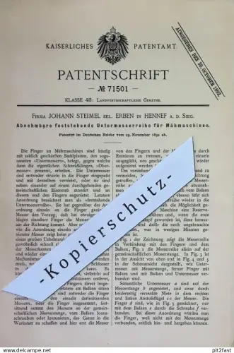 original Patent - Johann Steimel sel. Erben , Hennef a. d. Sieg | 1892 | Untermesserreihe für Mähmaschine | Messer Mähen