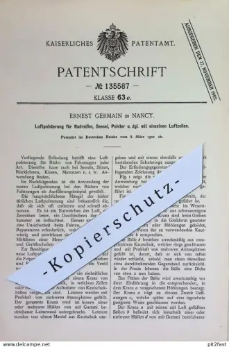 original Patent - Ernest Germain , Nancy | 1901 | Luftpolsterung für Reifen , Sessel , Polster | Reifen Matratzen Kissen