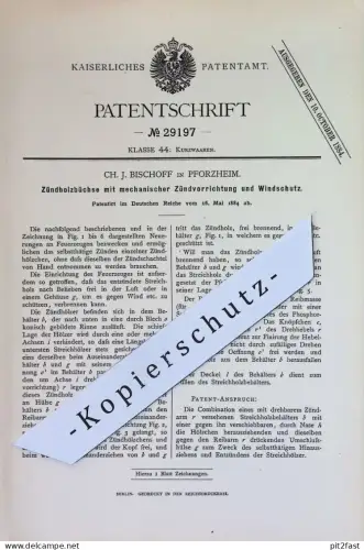original Patent - Ch. J. Bischoff , Pforzheim | 1884 |  Zündholzbüchse mit mechanischer Zündung | Feuerzeug | Feuer