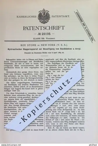 original Patent - Roy Stone , New York , USA | 1884 | Hydraulischer Baggerapparat | Bagger , Hydraulik , Wasserbau !!