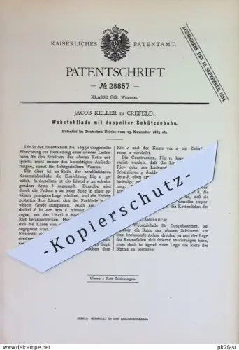 original Patent - Jacob Keller , Crefeld / Krefeld | 1883 | Webstuhllade mit doppelter Schützenbahn | Webstuhl , Weberei