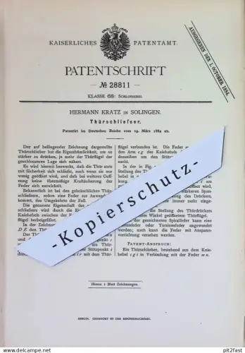 original Patent - Hermann Kratz , Solingen | 1884 | Türschließer | Schlosserei , Schlosser , Tür , Schloss !!