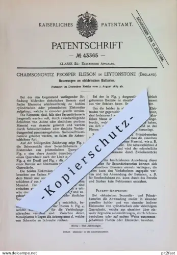 original Patent - Chaimsonovitz Prosper Elieson , Leytonstone , England | 1887 | elektrische Batterien | Elektroden !!
